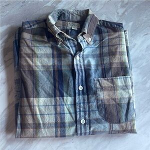 J.Crew Mens’ lightweight Indian Madras Plaid Shirt in blues, greens, and tans XS